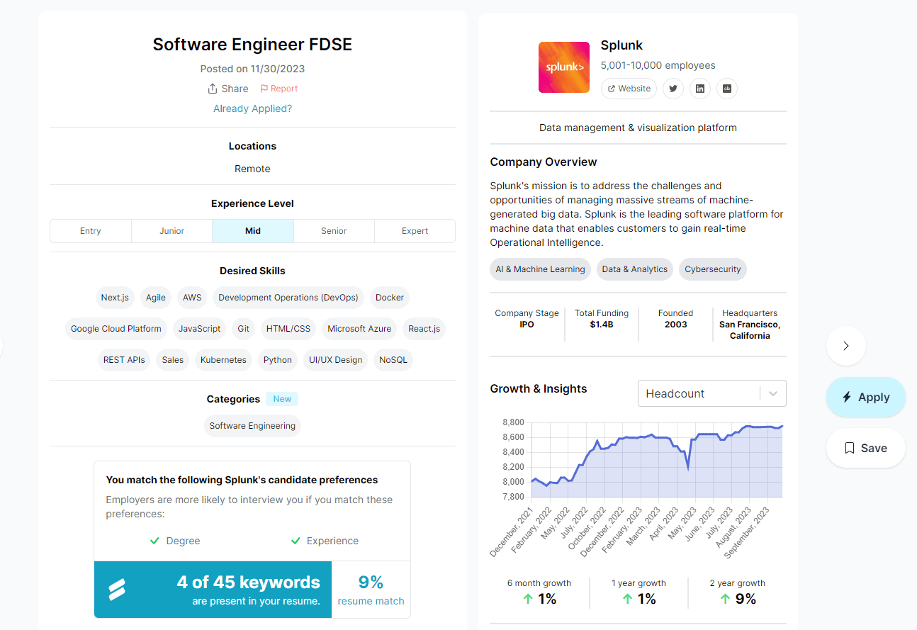 A screenshot of Simplify's AI job search result with a keyword matching percentage