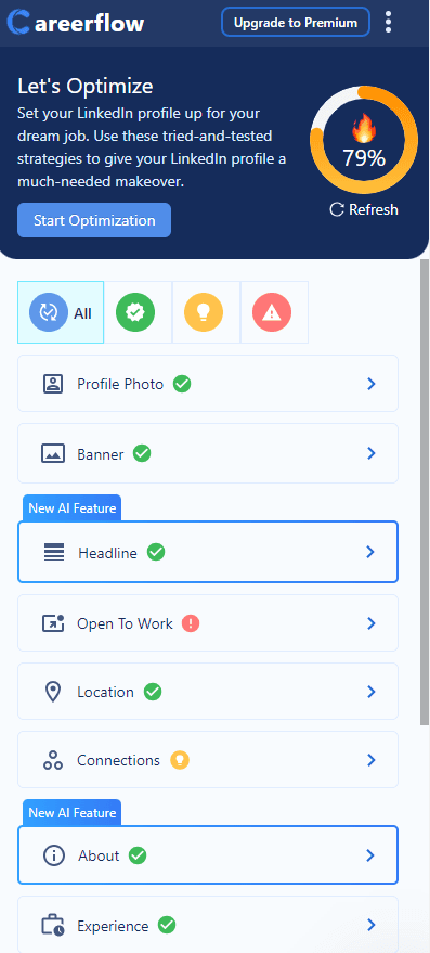 A screenshot of the LinkedIn optimization feedback generated by the AI job search tool, Career Flow