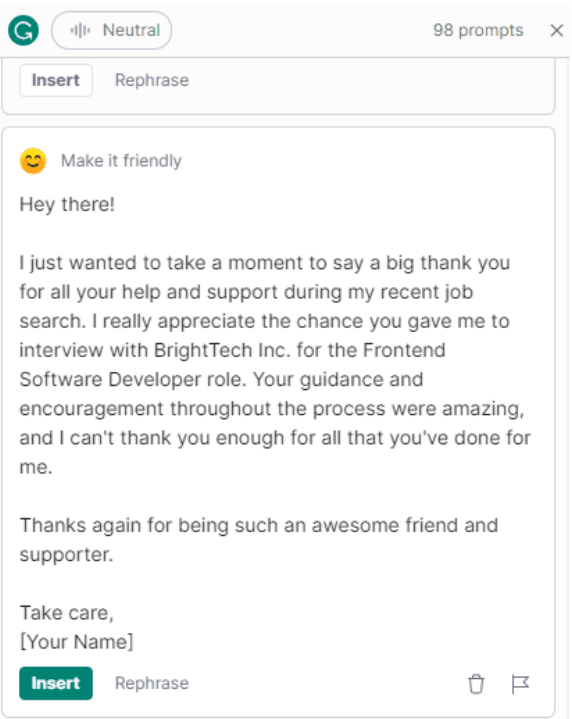A screenshot of the AI generated thank you note in GrammarlyGO