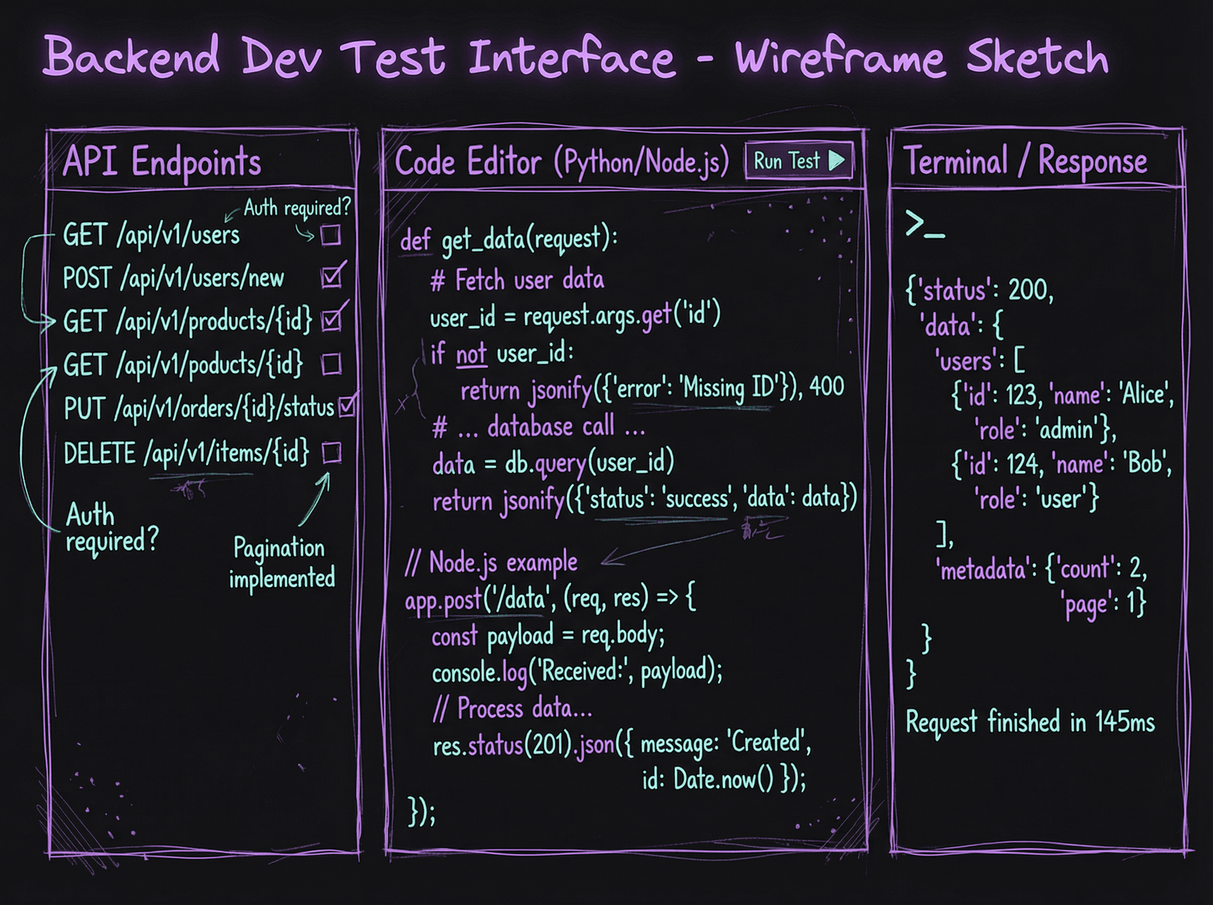 Backend developer test interface showing API endpoints, database schema, and server-side code