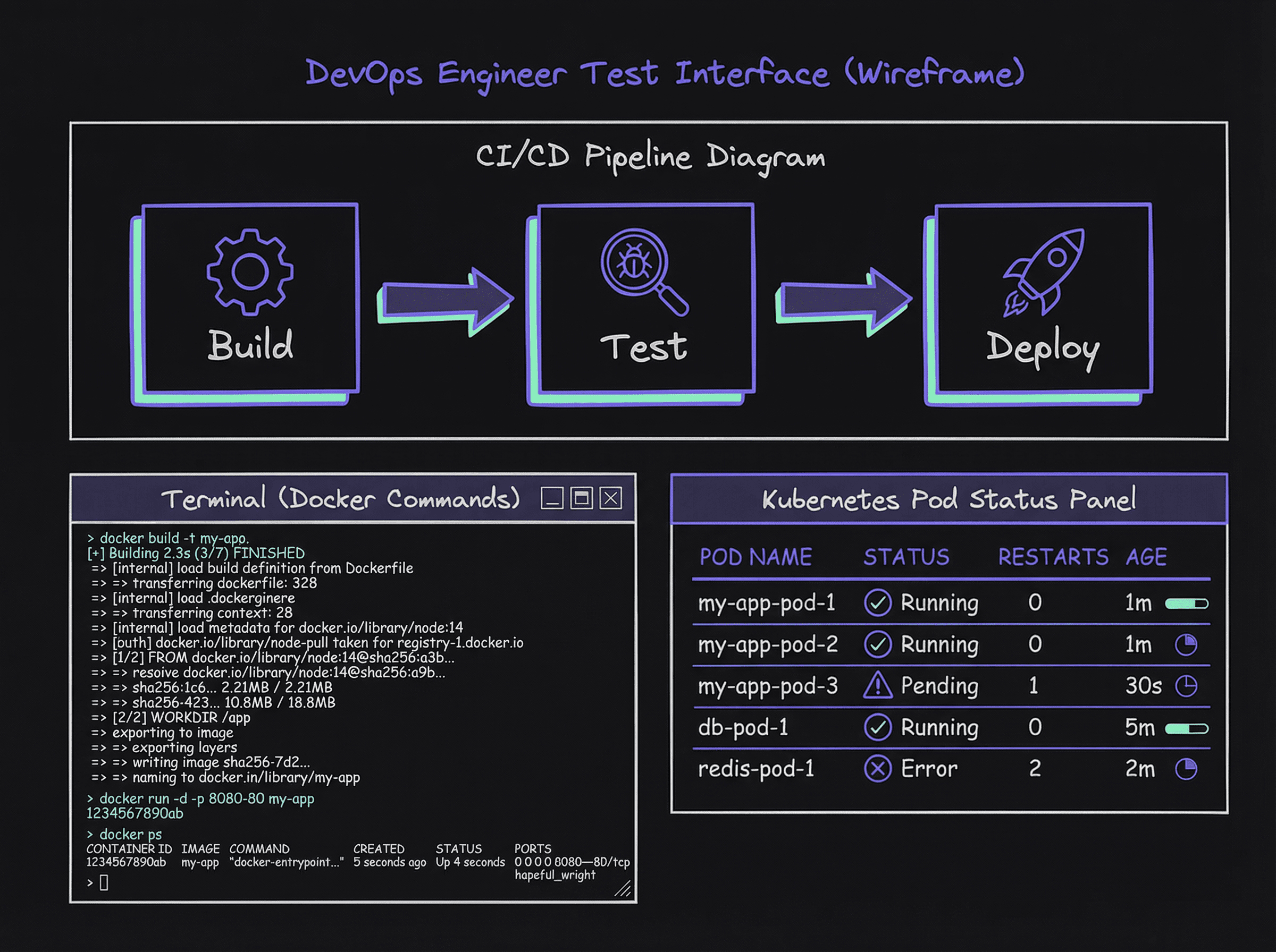 DevOps engineer test interface showing CI/CD pipeline, Kubernetes dashboard, and infrastructure code