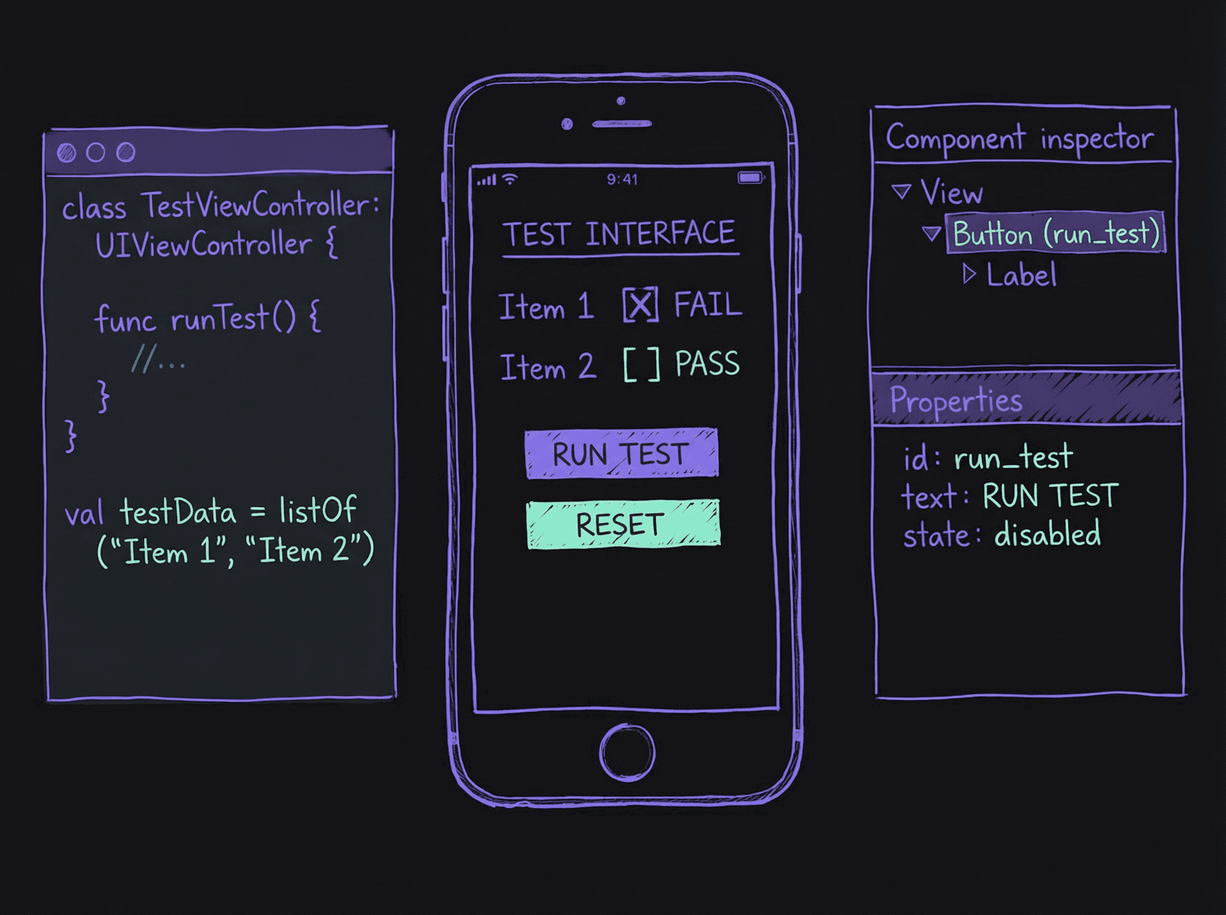Mobile developer test interface showing iOS and Android device previews with code editor
