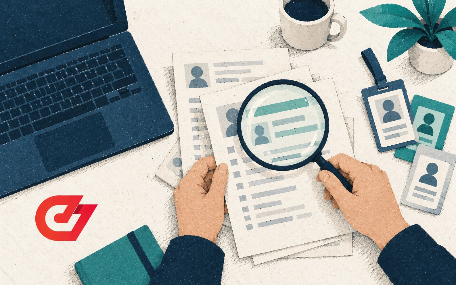 Paper collage of hands examining candidate profiles with a magnifying glass beside employee ID cards and a navy laptop, with teal accents and the red CodeSubmit mark at the lower left.