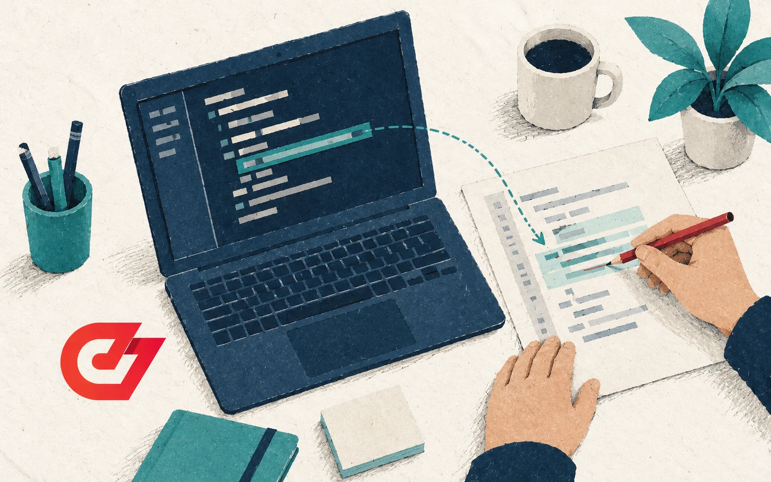 Paper collage of a navy laptop and hands reviewing a printed code change with a red pencil, with the red CodeSubmit mark on ivory paper.