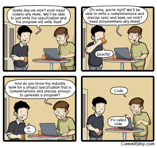 comic strip joking about how developers will always be needed to build software