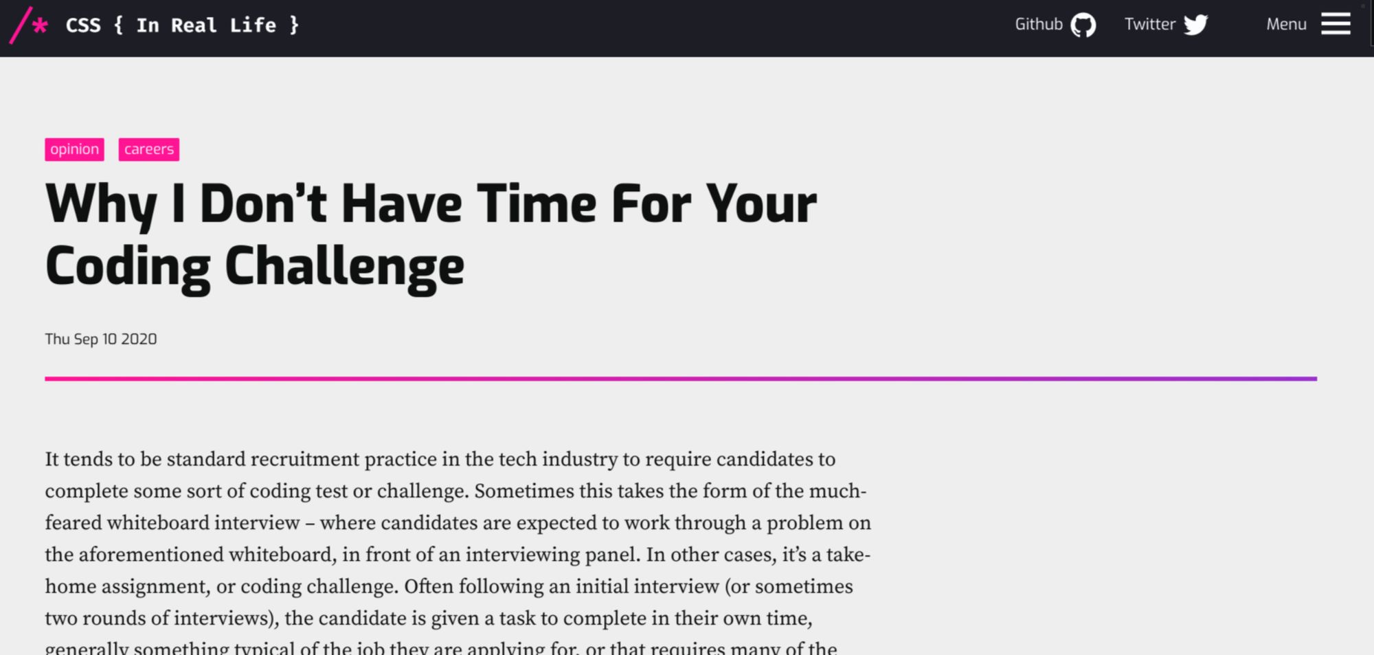 blog post: "Why I don't have time for your coding challenge"